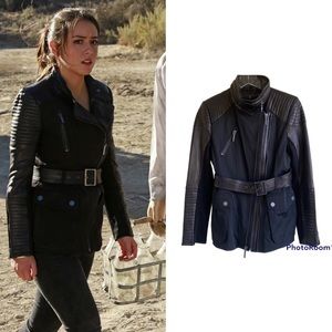 BCBGMaxAzria Leather Trim Belted Asymmetrical Moto Jacket ASO Chloe Bennet